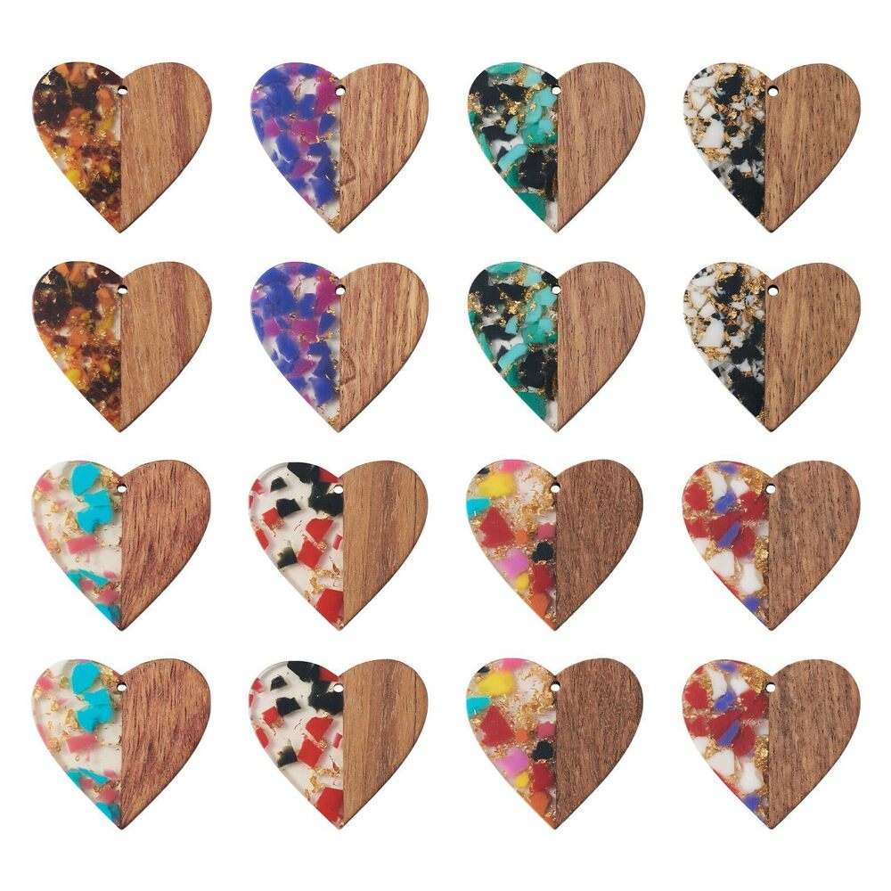 6944 Resin Wood Heart Charms with Gold Foil 16Pcs Coloful Walnut Wooden